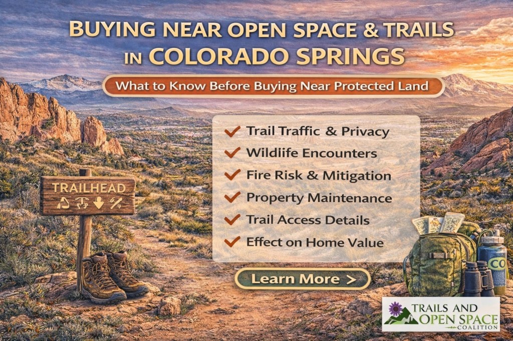 Scenic view of open space and trails in Colorado Springs with text reading “Buying Near Open Space and Trails in Colorado Springs,” highlighting considerations for homebuyers near protected land.