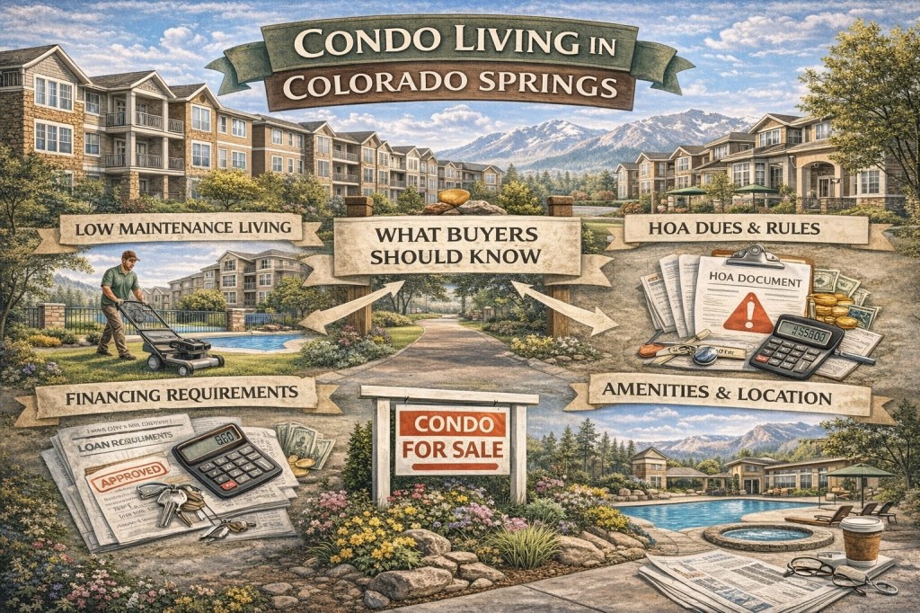 Illustrated Colorado Springs condo community with mountain views highlighting low-maintenance living, HOA dues, financing requirements, and amenities buyers should know about.