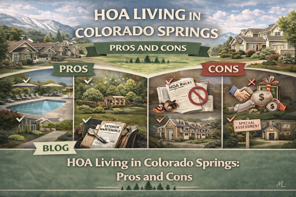 Realistic illustration of a Colorado Springs neighborhood comparing HOA living pros and cons, showing maintained homes, amenities, HOA rules, and special assessment considerations.
