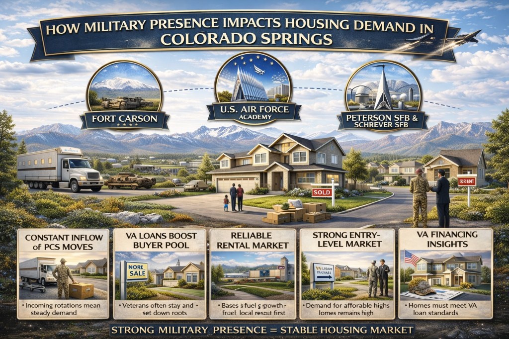 Realistic infographic showing how military presence impacts housing demand in Colorado Springs, including Fort Carson, Peterson Space Force Base, Schriever Space Force Base, PCS moves, VA loans, and rental demand.