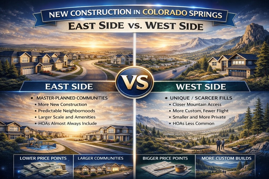 Sleek infographic comparing new construction on the east side versus west side of Colorado Springs, highlighting differences in community style, pricing, amenities, HOAs, and proximity to mountains.
