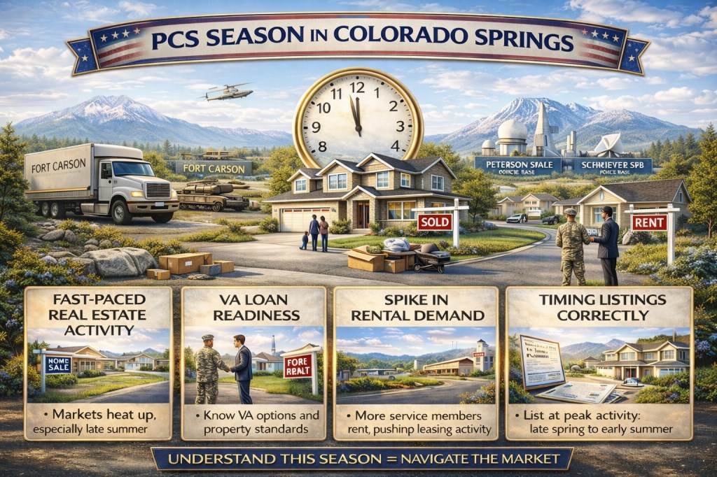 Infographic showing PCS season in Colorado Springs and its impact on buyers and sellers, including military relocations, VA loans, rental demand, and seasonal real estate activity.