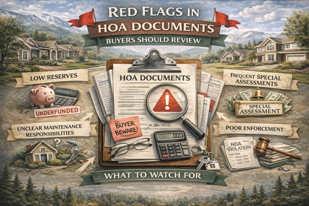 Illustrated Colorado Springs neighborhood with HOA documents, warning symbols, and financial icons highlighting red flags buyers should review before purchasing in an HOA.