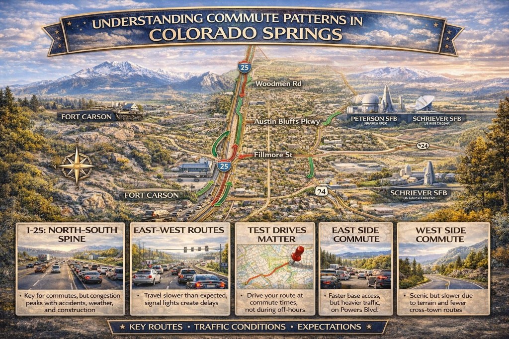 Infographic showing commute patterns in Colorado Springs, highlighting east–west and north–south traffic flow, major roadways, military installations, and daily travel considerations for buyers.