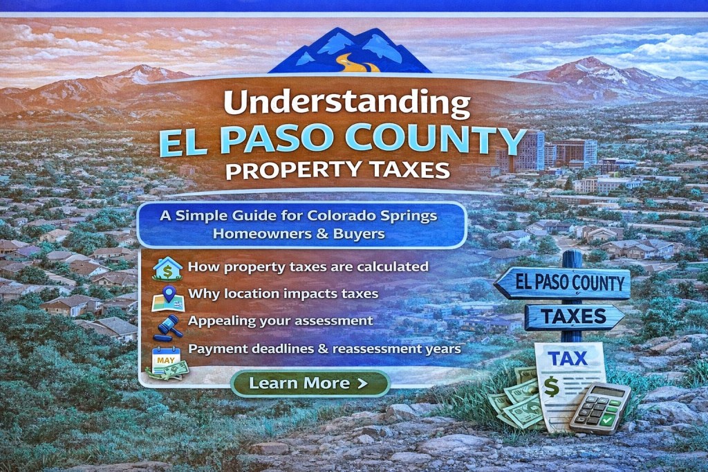Aerial view of Colorado Springs neighborhoods with text reading “Understanding El Paso County Property Taxes,” highlighting how property taxes affect homeowners and buyers in Colorado Springs.