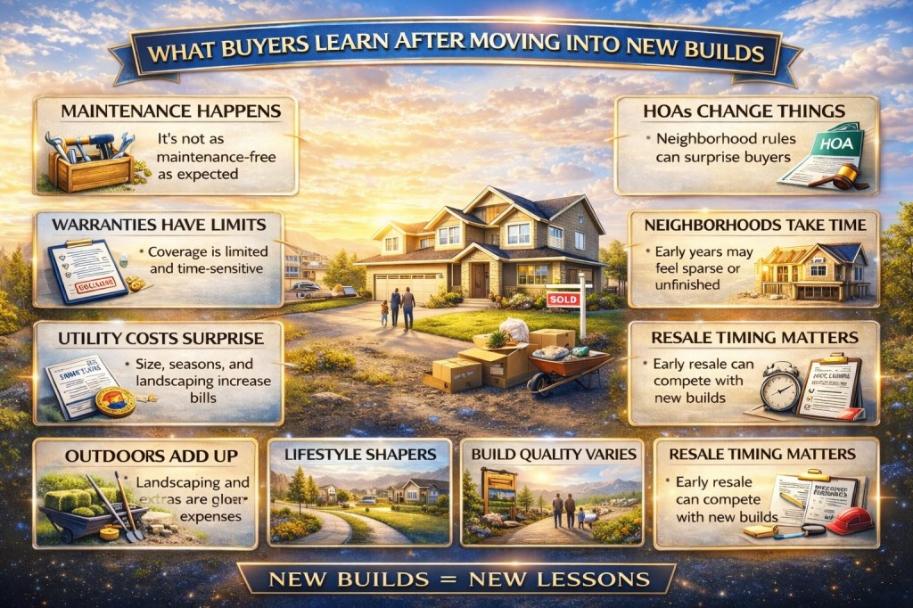Infographic showing what buyers learn after moving into new construction homes in Colorado Springs, including maintenance needs, HOA rules, warranty limits, utility costs, and resale timing.