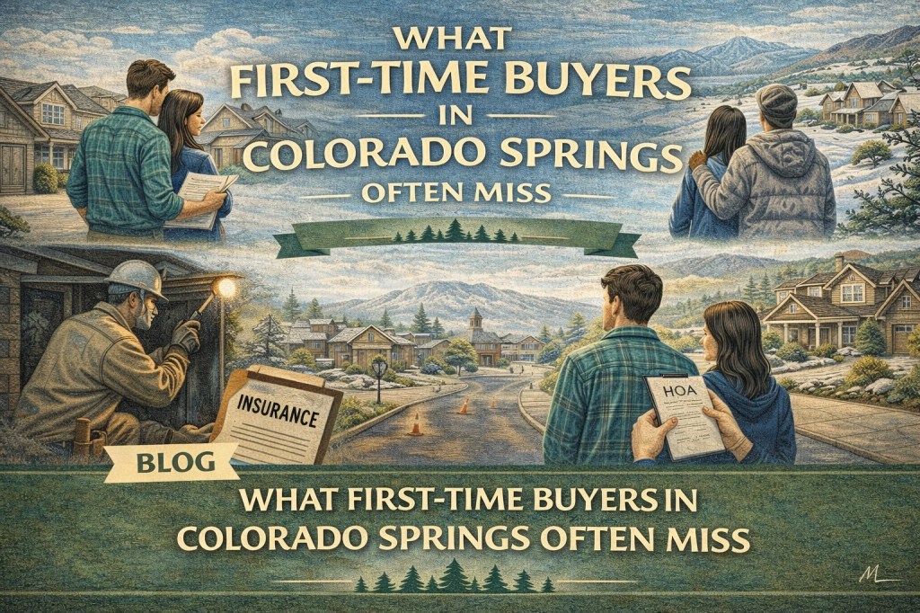 Illustrated Colorado Springs neighborhood showing first-time homebuyers reviewing inspections, insurance, HOA documents, and winter conditions, highlighting common things buyers often miss.