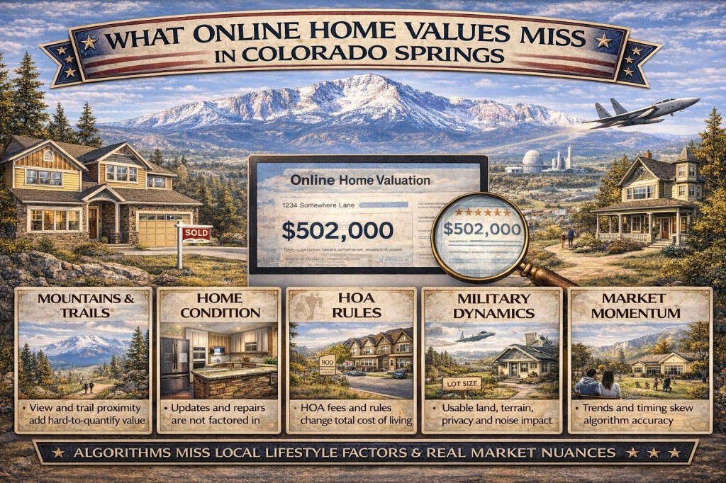 Infographic showing what online home value estimates miss in Colorado Springs, including mountain and trail proximity, home condition, HOA rules, military demand, lot characteristics, and market timing.
