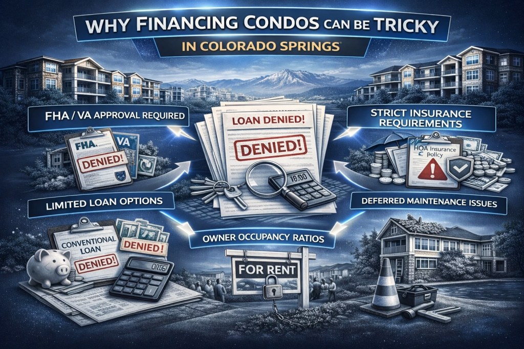 Modern infographic illustrating why financing condos can be tricky in Colorado Springs, highlighting FHA and VA approval, insurance requirements, owner occupancy ratios, deferred maintenance, and limited loan options.