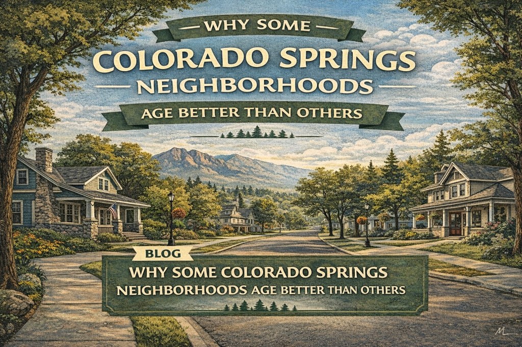 Illustrated Colorado Springs neighborhood with mature trees, historic homes, and Pikes Peak in the background representing why some neighborhoods age better than others.