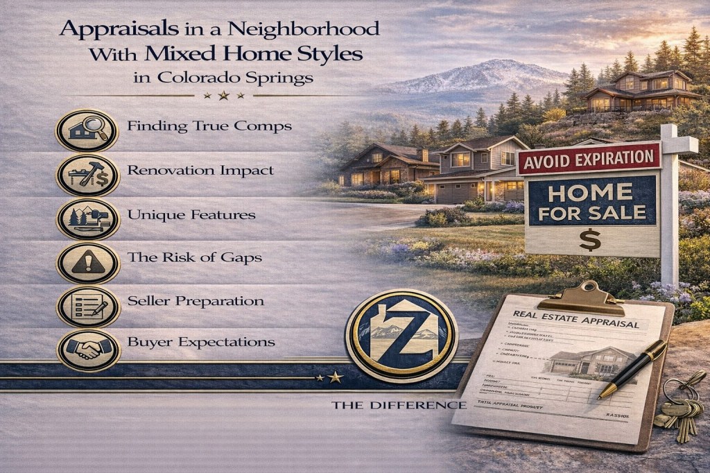 Professional infographic titled “Appraisals in a Neighborhood With Mixed Home Styles in Colorado Springs” featuring diverse architectural homes with mountain backdrop and key appraisal factors including finding true comps, renovation impact, unique features, appraisal gaps, seller preparation, and buyer expectations, branded with Z The Difference.