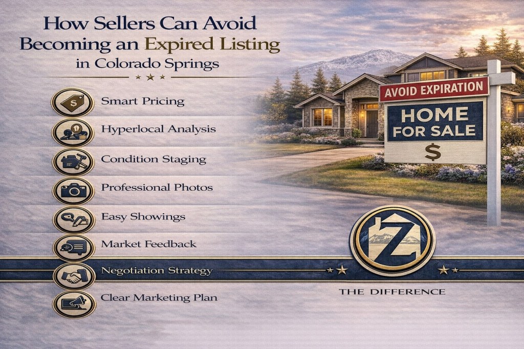 Professional infographic titled “How Sellers Can Avoid Becoming an Expired Listing in Colorado Springs” featuring a Colorado Springs home with mountain backdrop and an “Avoid Expiration” home for sale sign, highlighting key strategies including smart pricing, hyperlocal analysis, strong condition, professional photos, easy showings, market feedback, negotiation strategy, and clear marketing plan, branded with Z The Difference.