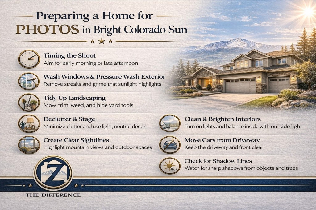 Clean professional infographic titled “Preparing a Home for Photos in Bright Colorado Sun” featuring a Colorado Springs home with mountain backdrop and key preparation tips, branded with Z The Difference.