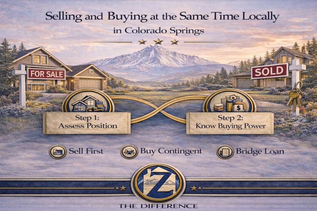 Minimal professional infographic titled “Selling and Buying at the Same Time Locally in Colorado Springs” featuring Pikes Peak in the background, a for sale sign transitioning to sold, and three strategy options: Sell First, Buy Contingent, and Bridge Loan, branded with Z The Difference.
