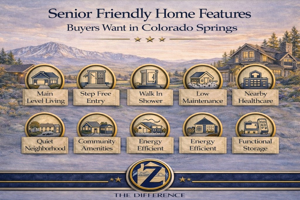 Professional infographic titled “Senior Friendly Home Features Buyers Want in Colorado Springs” featuring Pikes Peak backdrop and key features including main level living, step free entry, walk in shower, low maintenance exterior, nearby healthcare, quiet neighborhood, community amenities, energy efficiency, and functional storage, branded with Z The Difference.