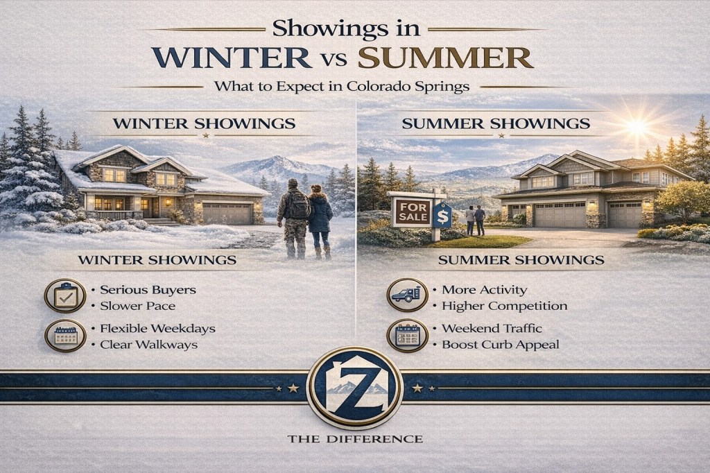 Professional infographic titled “Showings in Winter vs Summer” comparing seasonal real estate showings in Colorado Springs, featuring snowy winter home and sunny summer home with key differences highlighted, branded with Z The Difference.