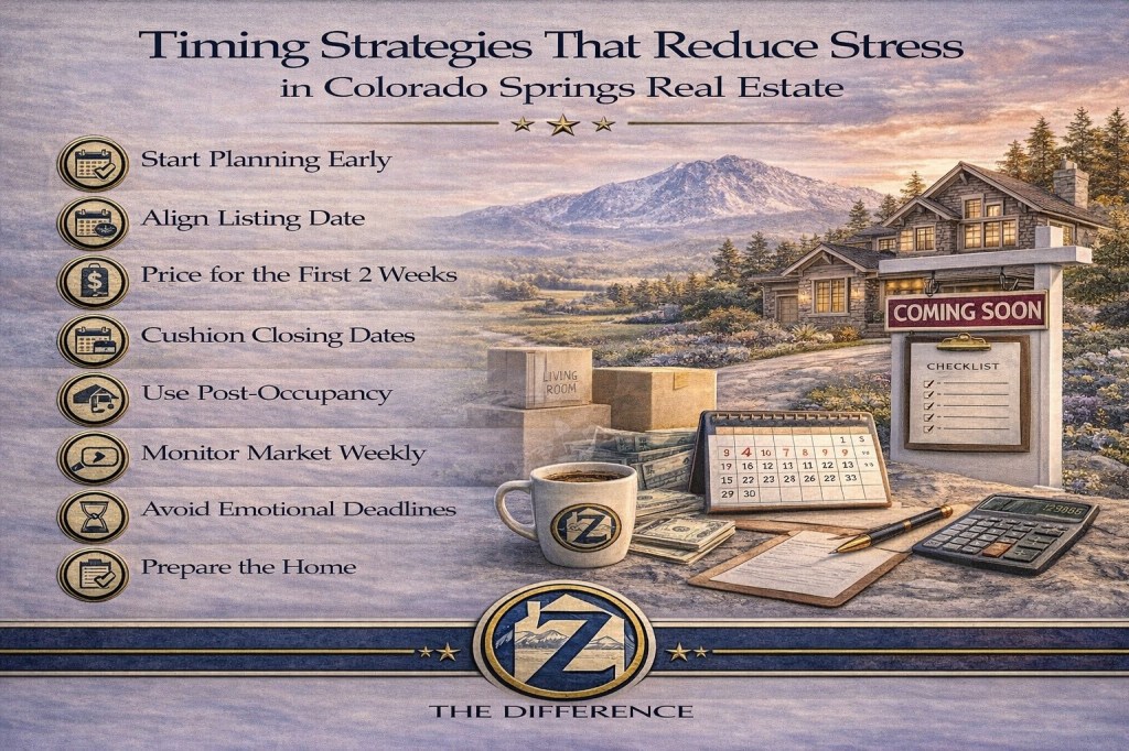 Professional infographic titled “Timing Strategies That Reduce Stress in Colorado Springs Real Estate” featuring Pikes Peak backdrop, a coming soon home sign, calendar, moving boxes, and key timing strategies for buyers and sellers, branded with Z The Difference.