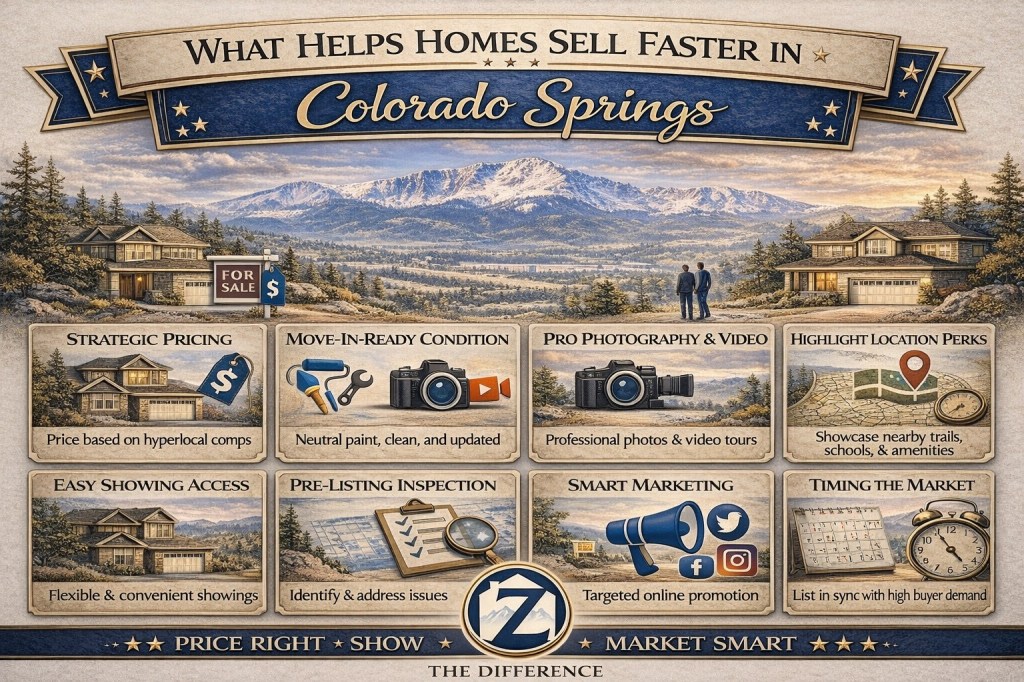 Professional infographic titled “What Helps Homes Sell Faster in Colorado Springs” featuring Pikes Peak background and key selling strategies including strategic pricing, move-in ready condition, professional photography, smart marketing, pre-listing inspection, easy showing access, location highlights, and timing the market, branded with Z The Difference.