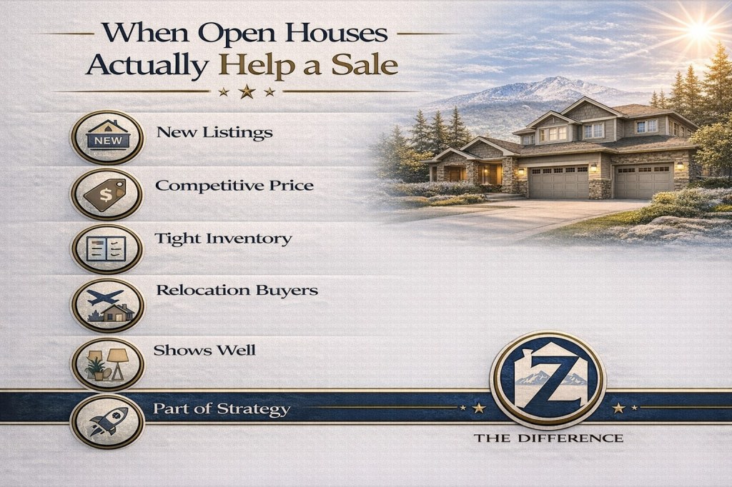Professional infographic titled “When Open Houses Actually Help a Sale” featuring a Colorado Springs home with mountain backdrop and key factors including new listings, competitive pricing, tight inventory, relocation buyers, strong presentation, and strategic marketing, branded with Z The Difference.