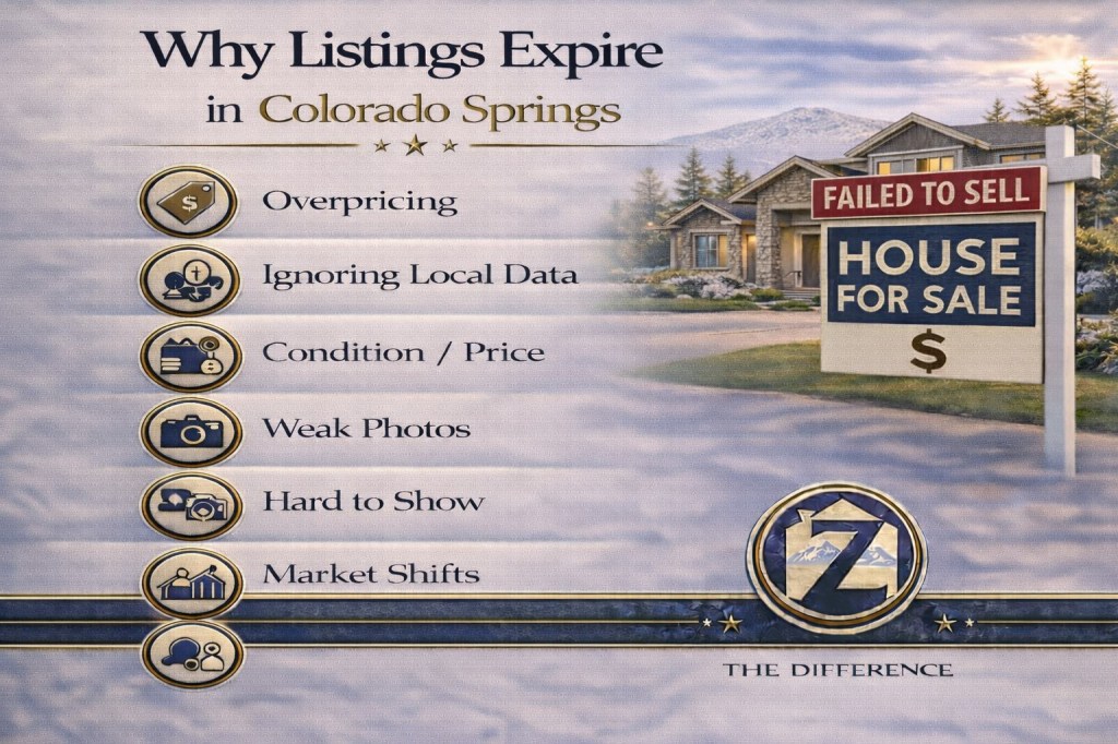 Professional infographic titled “Why Listings Expire in Colorado Springs” featuring a Colorado Springs home with mountain backdrop and a “Failed to Sell” sign, highlighting key reasons including overpricing, ignoring local data, condition versus price mismatch, weak photos, limited showing access, and market shifts, branded with Z The Difference.