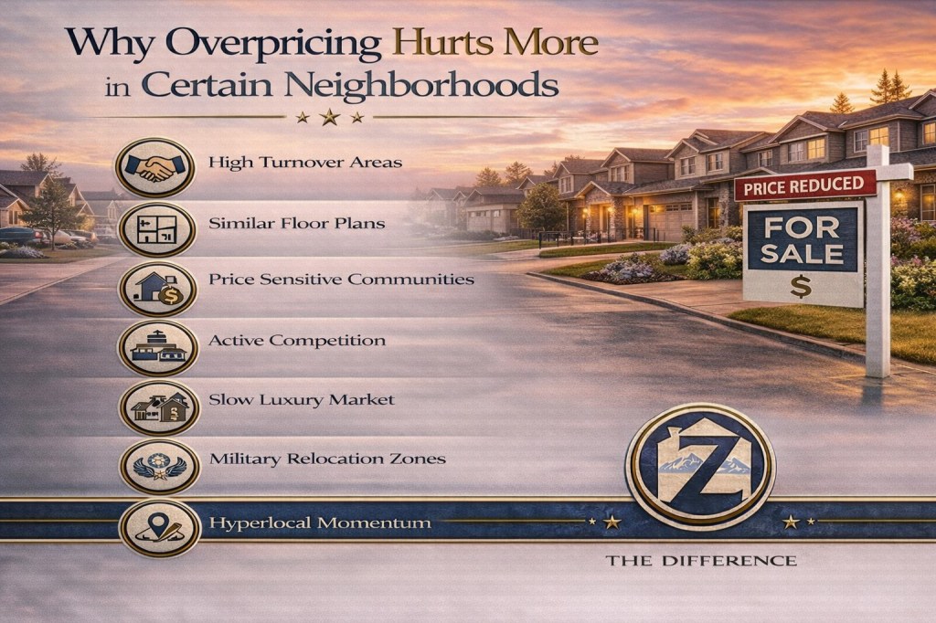 Professional infographic titled “Why Overpricing Hurts More in Certain Neighborhoods” featuring a Colorado Springs suburban backdrop with price reduced sign and key factors including high turnover areas, similar floor plans, price sensitive communities, active competition, luxury market pace, military relocation zones, and hyperlocal momentum, branded with Z The Difference.