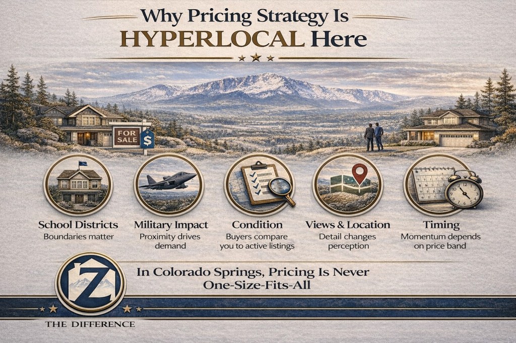 Sleek professional infographic titled “Why Pricing Strategy Is Hyperlocal Here” featuring Colorado Springs and Pikes Peak, highlighting key pricing factors including school districts, military impact, condition, views and location, and timing, branded with Z The Difference.